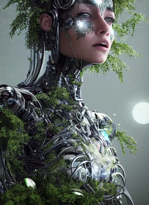 Image similar to beautiful female robot covered by plants and crystals in the mystical forest, beautiful symmetrical face, chrome parts, opal crystals, renaissance style, cyber punk, sci - fi, filigree jewellery, baroque, cinematic light, mystical shadows, 8 k, octane render