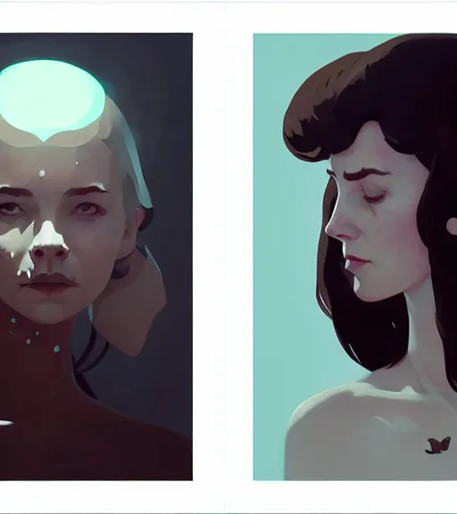 Prompt: portrait of a woman raised on the island face tatooes by atey ghailan, by greg rutkowski, by joe fenton, by james gilleard, by kaethe butcher, by craig mullins, dynamic lighting, gradient light blue, brown, blonde cream and white color scheme, grunge aesthetic