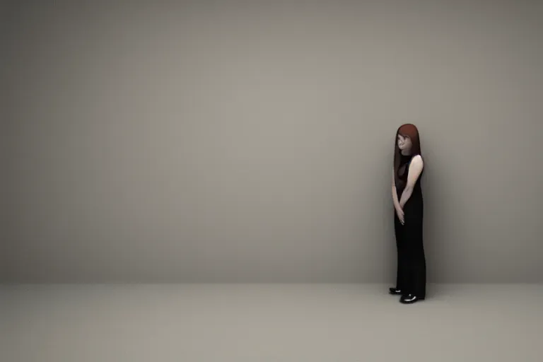 Prompt: a creepy woman wearing all black, standing in a dark, eerie room, melancholic, dreary, sinister, 3D render,