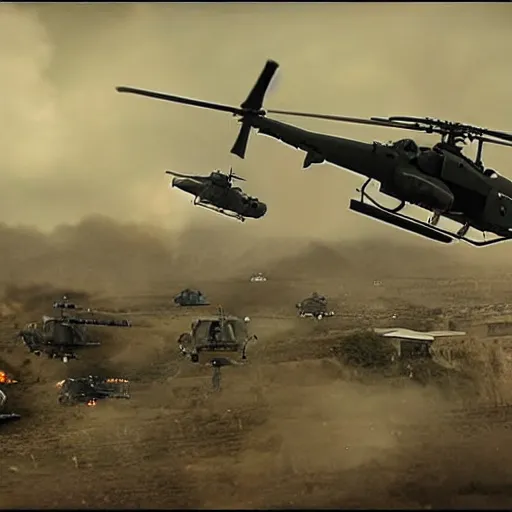 Prompt: Action Horror Cinematic Scene Military Helicopters shooting at Giant Monster in the city