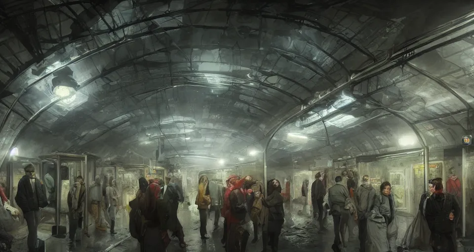 Prompt: cluster phobic market in an underground dystopian subway by eugene von guerard, ivan shishkin, dramatic lighting, concept art, trending on artstation