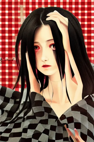 Image similar to mysterious girl with her long black hair dressed in a chequered cloak anime art style, digital art by ilya kuvshinov, inspired by balthus, hd, 4 k, hyper detailed