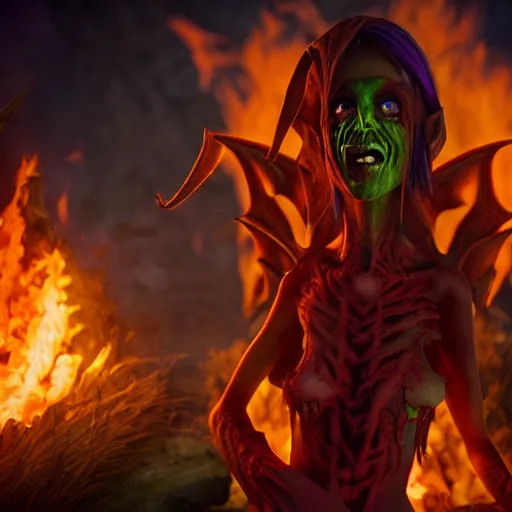 Image similar to a frightening, enraged elf with violet skin reflecting a fiery scene, a scarred face, a bob haircut, and bushy eyebrows, grinning, with hell aflame behind them, in the style of gary frank and rafael albuqurque, rendered in unreal engine