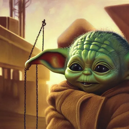 Image similar to masterful oil on canvas painting, eye - level view, medium - shot, baby yoda is at the busy school playground in a cyberpunk city. baby yoda smiles and plays on a swing set. golden hour. realism, detailed, depth, chiaroscuro, limited color palette. in the background some balloons float in the sky. mandalorian ( tv ).