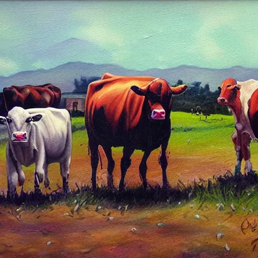 Image similar to a ufo stealing cows, painting