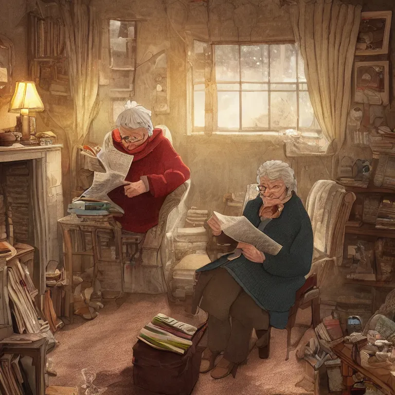 Prompt: An old lady is sitting in front of a fireplace in the living room while she reads a newspaper. Her house seems warm and cozy despite it being cold outside. She wears a sweater with a scarf wrapped around her neck. digital art, studio ghibli, highly detailed, fantasy, natural lighting, trending on artstation