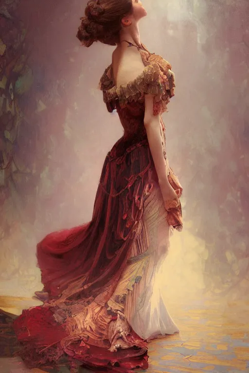 Image similar to an intricate artistic pose painting of a beautiful young victorian lady with an artistic pose wearing a beautiful velvet dress, hyper detailed, octane render, vivid colors, artstation, by jeremy mann, alphonse mucha, by boris vallejo