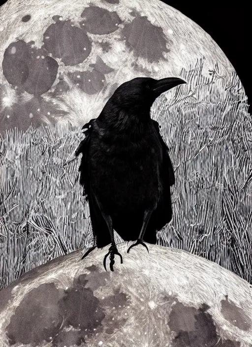 Image similar to portrait, A crow in front of the full big moon, book cover, red white and black colors, establishing shot, extremly high detail, foto realistic, cinematic lighting, pen and ink, intricate line drawings, by Yoshitaka Amano, Ruan Jia, Kentaro Miura, Artgerm, post processed, concept art, artstation, matte painting, style by eddie mendoza, raphael lacoste, alex ross