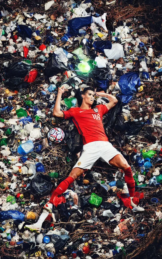 Prompt: cristiano ronaldo soccer player surrounded by trash and injured, nike ball and ambulance light flares, night earth crust, trail cam, realistic photography paleoart, masterpiece album cover