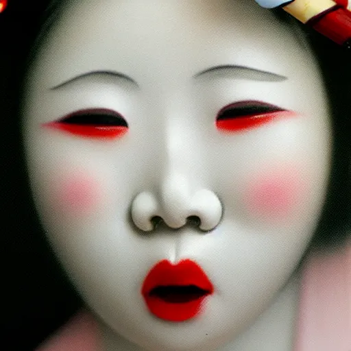 Image similar to photograph of a young maiko licking a lolipop, realistic, red highlights, portrait,detailed,