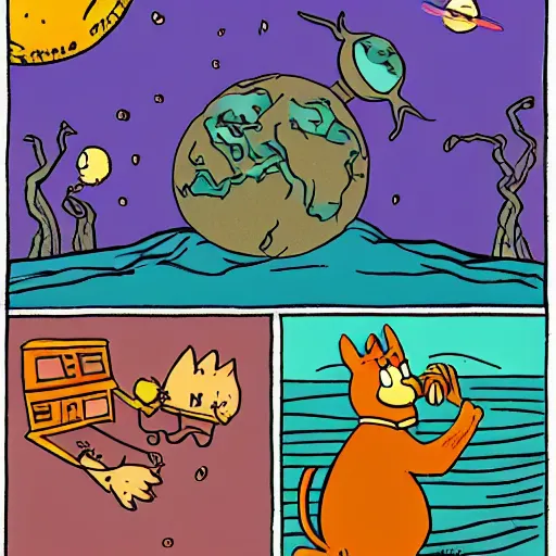 Prompt: Garfield as a lovecratian eldritch creature consuming a planet