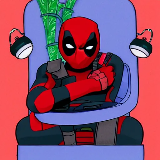 Prompt: Deadpool sitting on the toilet in galaxy, by studio ghibli