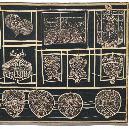 Prompt: lace panel with decorative motifs of railroad trains, telegraph poles, electric lights and hot air balloons ca. 1 9 0 0