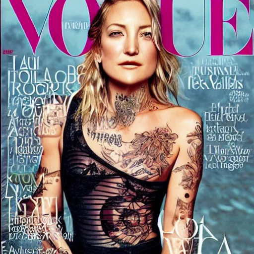 Image similar to of a photorealistic photograph of kate hudson covered in detailed tattoos in the style of a vogue magazine cover
