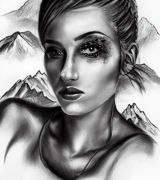 Image similar to tattoo design sketch of a very beautiful woman face against a background of beautiful mountains and nature, hyper - realistic, in the style of den yakovlev, amazing detail, black and white