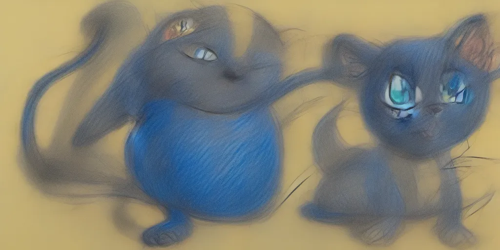 Prompt: a detailed drawing of a surprised black cat, behind a smurf, modulated line