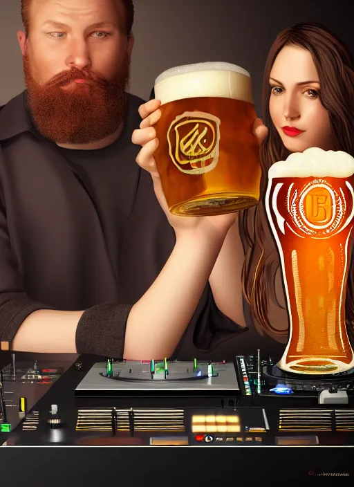 Prompt: image of large pint of beer and large technics dj table front of picture, in the backround man and a woman from octoberfest, dark backround, highly detailed, digital illustration, trending in artstation, modern painting, smooth, sharp focus, intricate, einar jonsson and bouguereau