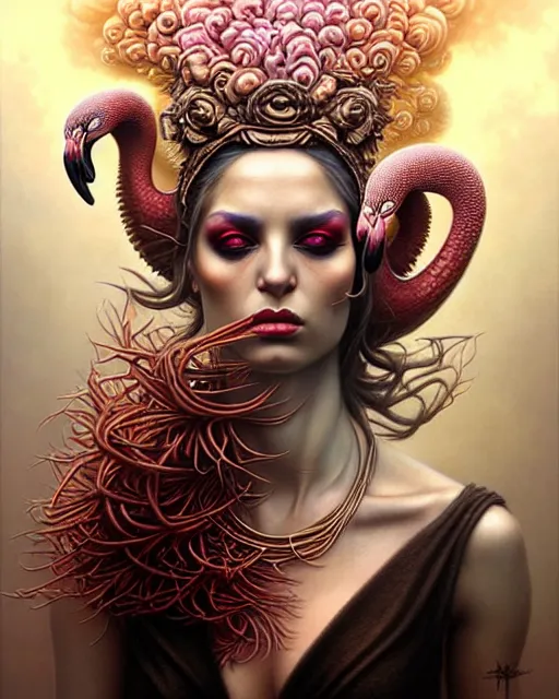 Image similar to a detailed portrait of dreampunk goddess ( flamingo ) ( python ) hybrid mix beautiful! ( ( smoke ) ) by tomasz alen kopera and peter mohrbacher