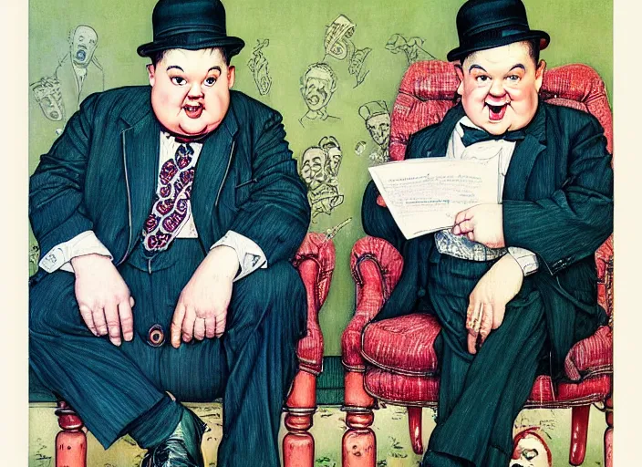 Image similar to “ portrait of laurel and hardy, by norman rockwell and robert crumb, coloured ”