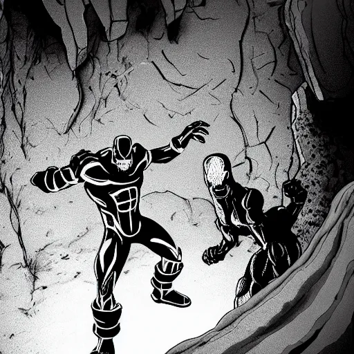 Image similar to black and white thanos fight with the thanos in a cave, by tsutomu nihei, black and white, old cave with slime and wires blur background, cinematic, perspective, realistic