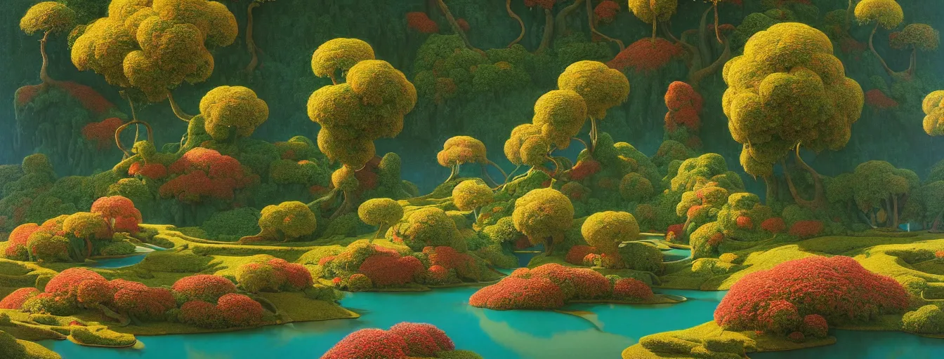 Image similar to a gorgeous very early spring series of lush islands separated by flower - lined streams, twisted gardens, flowers, fronds, painting by barlowe wayne maxfield parrish and marco mazzoni. tree no leaf!!!! china mountain village!! very little light verdancy. ultra clear detailed. 3 d, octane render. turbulent blood lake.