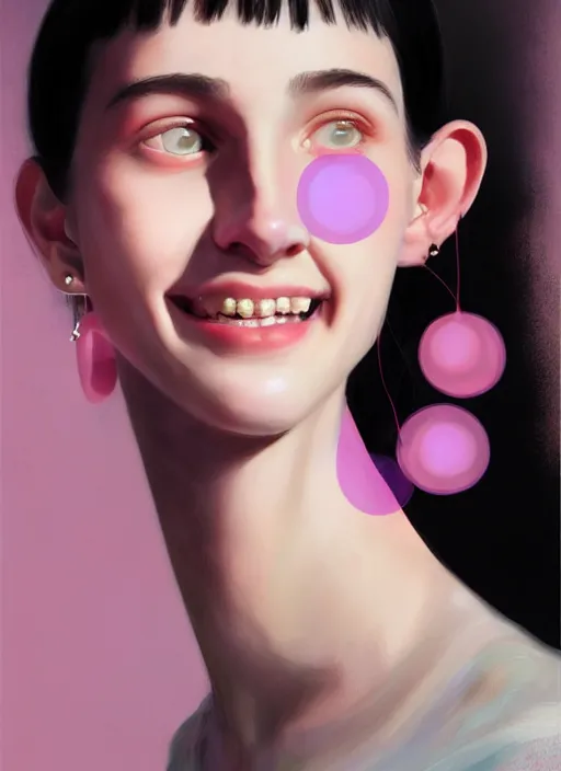 Image similar to portrait of teenage girl, realistic, black hair, bangs, half updo hairstyle, pointy nose, skinny, smile, ugly, defined jawline, big chin, pink hair bow, earrings, intricate, elegant, glowing lights, highly detailed, digital painting, artstation, sharp focus, illustration, art by wlop, mars ravelo and greg rutkowski