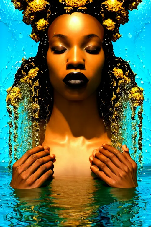 Image similar to hyperrealistic post - futurist cinematic profile very expressive! black oshun goddess, in water! up to shoulders, mirror dripping droplet!, gold flowers, highly detailed face, digital art masterpiece, smooth eric zener cam de leon, dramatic pearlescent turquoise light on one side, low angle uhd 8 k, shallow depth of field