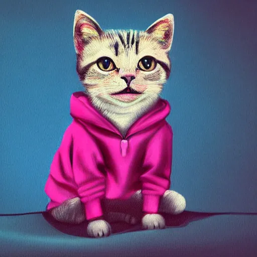 Image similar to a Little cat wearing a pink hoodie sitting on a couch, trending on artstation, HDR, nicely detailed, 8k, Instagram photo