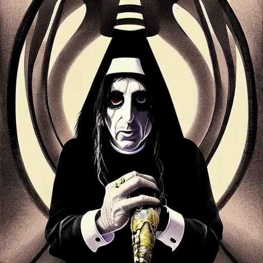 Image similar to graphic illustration, creative design, alice cooper as a nun, biopunk, francis bacon, highly detailed, hunter s thompson, concept art