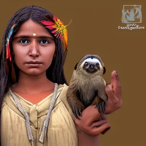 Image similar to a cottagecore beautiful young indian witch holding a cute sloth, highly detailed, masterpiece, digital render
