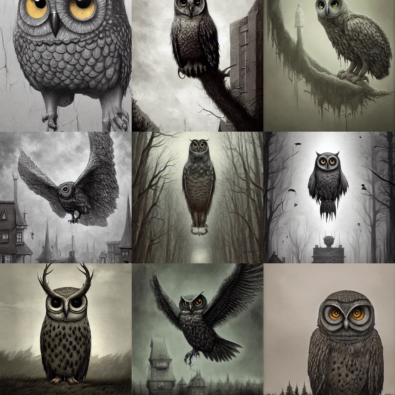 Prompt: a giant owl in the style of John Kenn Mortensen, realistic painting, high definition, digital art, matte painting, very detailed, realistic