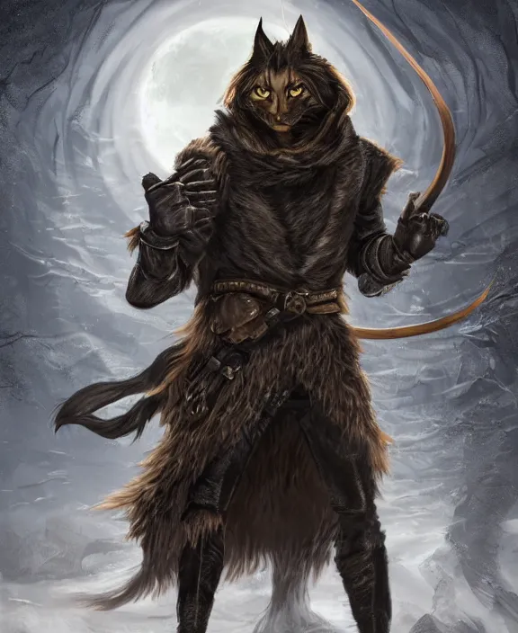 Image similar to humanoid male khajiit rogue with a scar on left eye, wearing leather armor with a hood, mainecoon cat features with jet black fur, far - mid shot, magic the gathering, fantasy