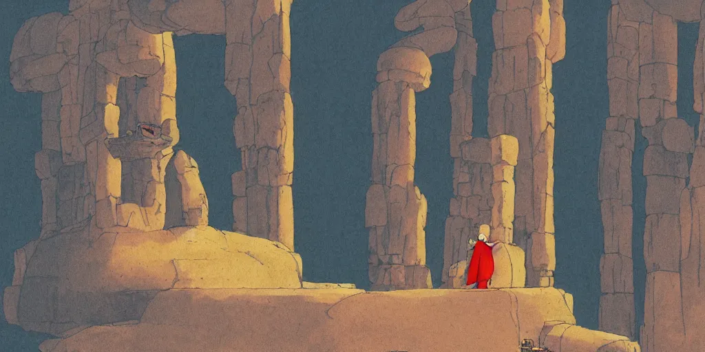 Image similar to a realistic cell - shaded studio ghibli concept art from paprika ( 2 0 0 6 ) of a flying intelligent dull mechanical octopus from close encounters of the third kind ( 1 9 7 7 ) in a flooded monument valley stonehenge. a monk in a robe is meditating in the foreground. very dull colors, wide shot, hd, 4 k, hq