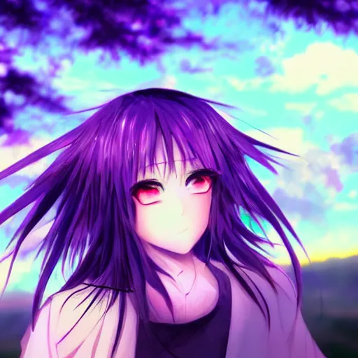 Image similar to anime girl beautiful eyes surreal nature photo purple dusk epic artsy hyper detail