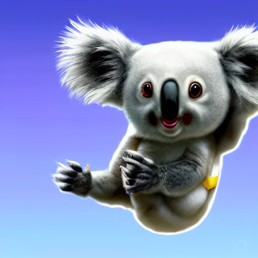 Image similar to a very cute koala skydiver, photorealistic digital art, hyper detailed