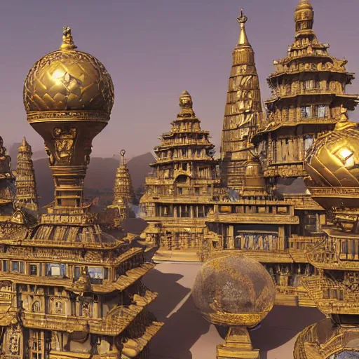 Image similar to hyper detailed hardsurface modelled 3 d geometry, houdini destruction of aminimalist design temple, tarnished gold sphere is far far in the distance, deep perspective, wide angle, insanely detailed and intricate,, eal, gold, silver red, paradise hospital environment,