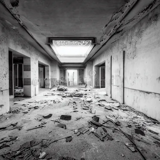 Image similar to abandoned architectural masterpiece, cctv footage, dramatic lighting