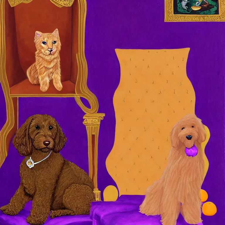 Prompt: a portrait of an empty royal throne, flanked by an orange tabby sitting on a floating purple pillow to the left of the throne, flanked by a brown goldendoodle sitting on a floating purple pillow to the right of the throne, oil on canvas, soft lighting, 8 k