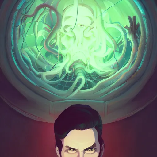 Image similar to a portrait of H.P. Lovecraft playing the part of Cthulhu, ambient lighting, 4k, anime key visual, lois van baarle, ilya kuvshinov, rossdraws, artstation