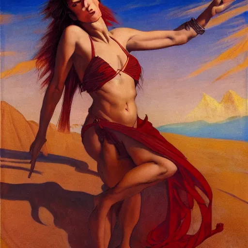 Image similar to Silk sheet desert ecstasy Bedouin under crimson azure diamond sky, in the style of Frank Frazetta, Jeff Easley, Caravaggio, extremely clear faces coherent, clear lines, 8K revolution