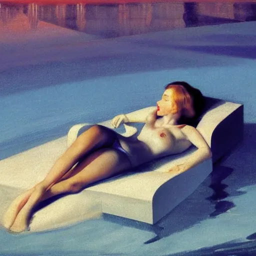 Prompt: Elle Fanning swimming at night in the world of Edward Hopper, stormy snowy weather, extremely detailed masterpiece, oil on canvas, low-key neon lighting, artstation, Blade Runner 2049, Roger Deakin’s cinematography, by J. C. Leyendecker and Peter Paul Rubens,