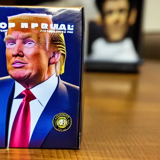 Image similar to close up of donald trump 8 0 s plastic action figure in its original box, dslr photo