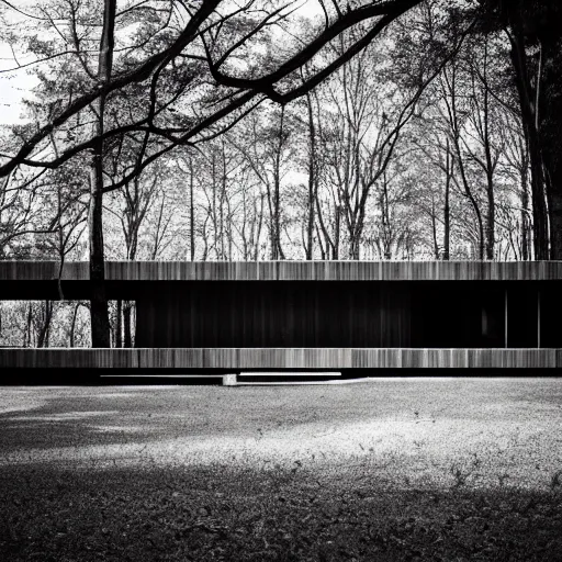 Prompt: modern house in the wood, artwork by tadao ando, mystic, melancholy, pinhole analogue photo quality, lomography, monochrome, blur, unfocus, cinematic, foil effect, holographic effect