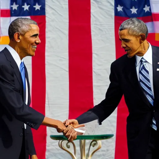 Prompt: donald trump and obama shaking hands, trending on artstation