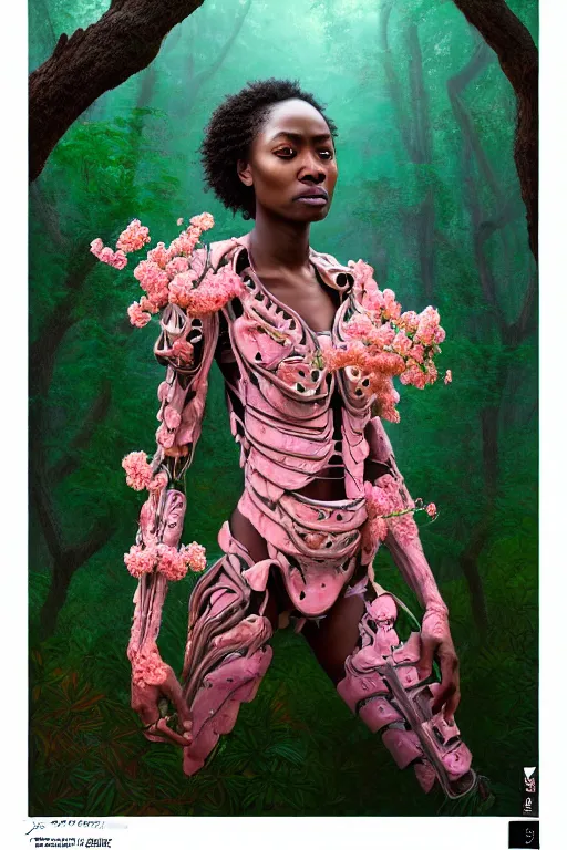 Image similar to hyperrealistic post - renaissance cinematic super expressive! yoruba goddess with exoskeleton armor, merging with tree in a forest, pink orange flowers, highly detailed digital art masterpiece, smooth cam de leon eric zener dramatic pearlescent soft teal light, ground angle hd 8 k, sharp focus