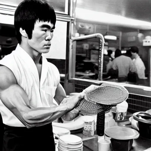 Prompt: 8 k vintage portrait photograph of bruce lee standing inside of a detailed and busy wafflehouse