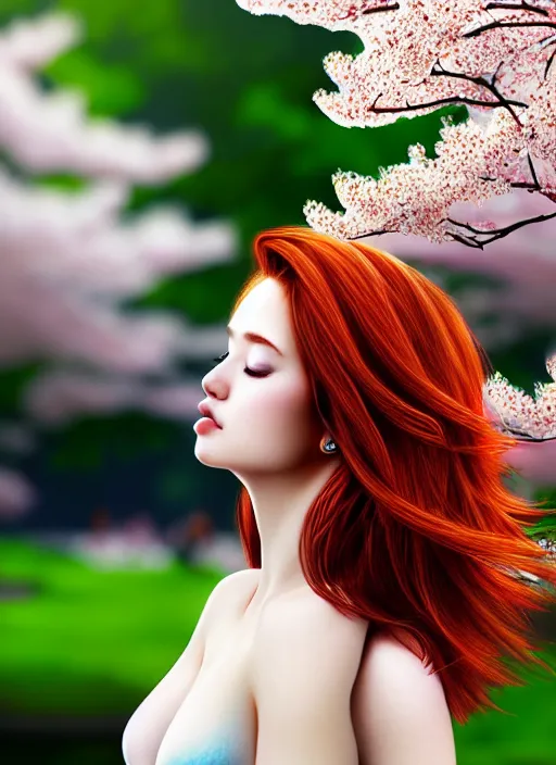 Image similar to photo of a gorgeous female with auburn hair in the style of stefan kostic, realistic, half body shot, sharp focus, 8 k high definition, insanely detailed, intricate, elegant, art by stanley lau and artgerm, extreme blur cherry blossoms background