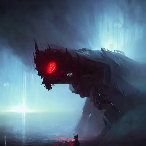 Image similar to ''cinematic shot'' of a demonic dark mech with red eyes looking into your soul realistic atmosferic made by ivan aivazovsky, peter mohrbacher, greg rutkowski volumetric light effect broad light oil painting painting fantasy art style sci - fi art style realism premium prints available artwork unreal engine