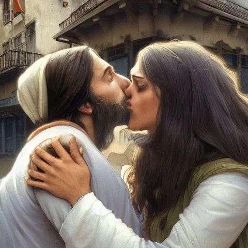 Image similar to jesus kissing a woman in a street, elegant, highly detailed, digital painting, artstation, concept art, matte, sharp focus, highly detailed, 4 k, hdr, smooth, sharp focus, high resolution, award - winning photo, photorealistic, art by artgerm and greg rutkowski and alphonse mucha, large shot