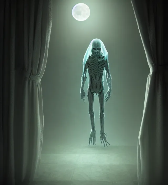 Image similar to a nightmare humanoid ghost monster alien standing in front of a window, moon light through the window, volumetric lighting, hyperealistic, 4 k, inspired by stephen king, inspired by lovecraft, inspired by jeffrey smith